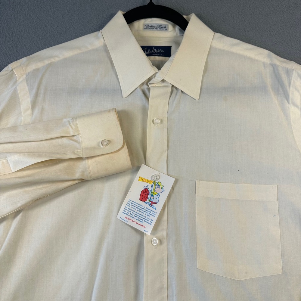 Vintage John Weitz Mens Dress Shirt 17 37 Cream Cotton Blend Made in USA Stains